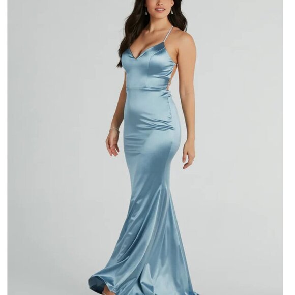 Windsor Dresses & Skirts - Windsor Kaley Rhinestone Strappy Mermaid Long Dusty Blue Satin Open Back Dress